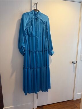 Vibrant Teal-Blue Tiered Maxi Dress with Full Sleeves